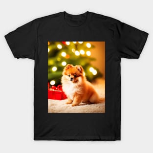 Pomeranian Puppy Dog with Christmas Gifts T-Shirt